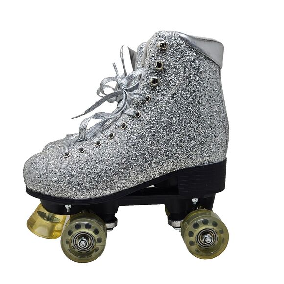 ZARA Rhinestone Roller Skates Limited Edition Four Wheels Sz 7.5 Silver Sparkle - Picture 3 of 11